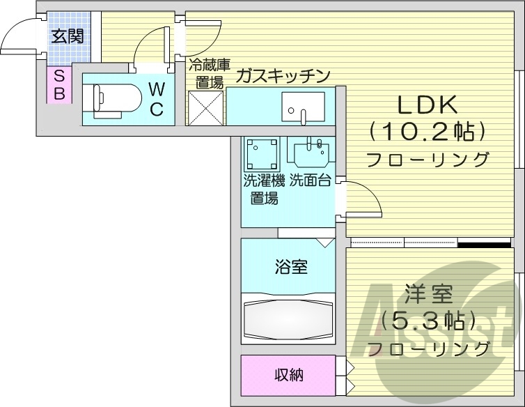 1LDK、シャンプードレッサー、灯油暖房、クローゼット