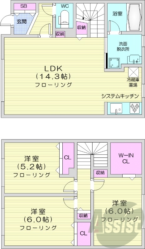 3LDK、1坪バス、灯油暖房、システムキッチン
