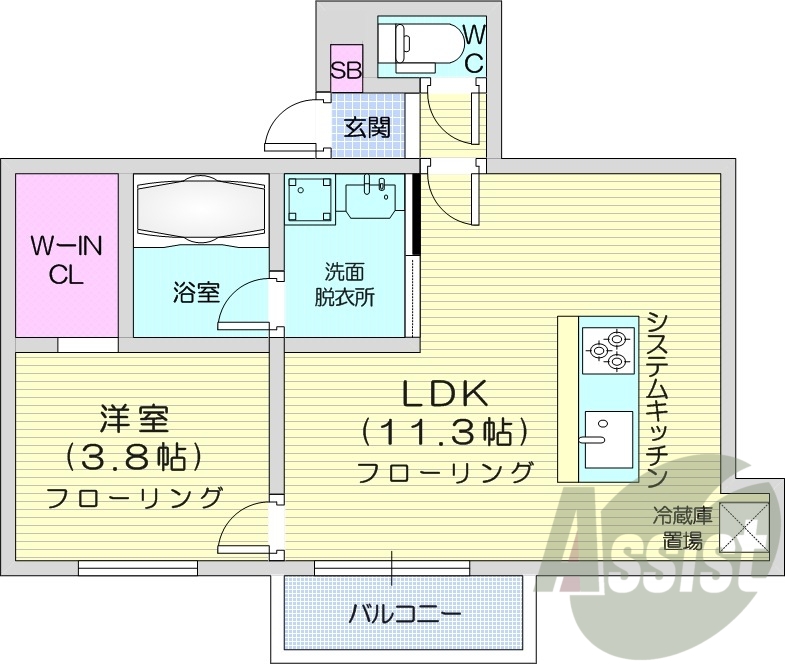 1LDK、1坪バス、システムキッチン、灯油暖房