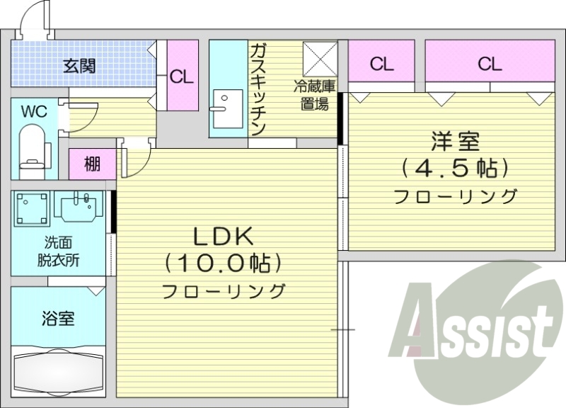 1LDK、都市ガス、角部屋、インターネット無料