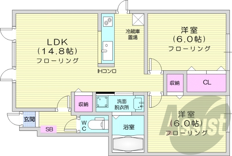 2LDK、TVインターホン、浴室乾燥機、カウンターキッチン