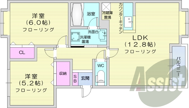 2LDK、灯油暖房、室内洗濯機置場、バストイレ別
