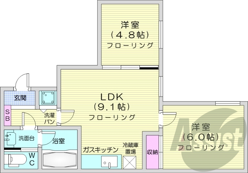 2LDK、シャワートイレ、モニタ付インターホン、灯油暖房