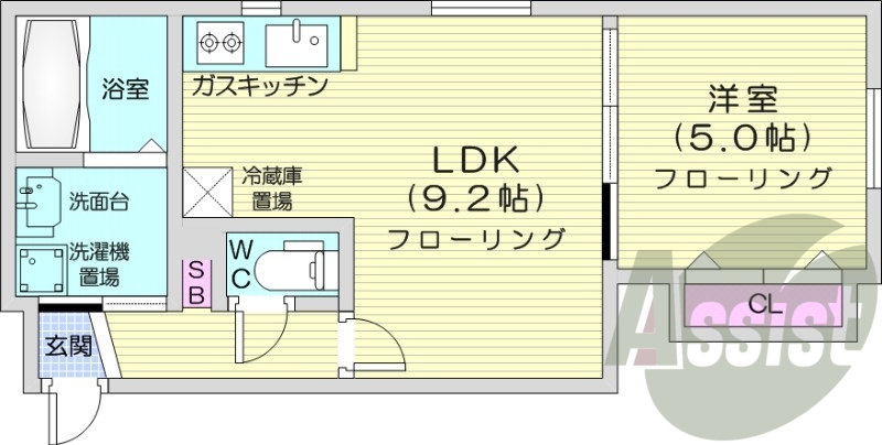 1LDK、都市ガス、角部屋、ネット無料、シャワートイレ