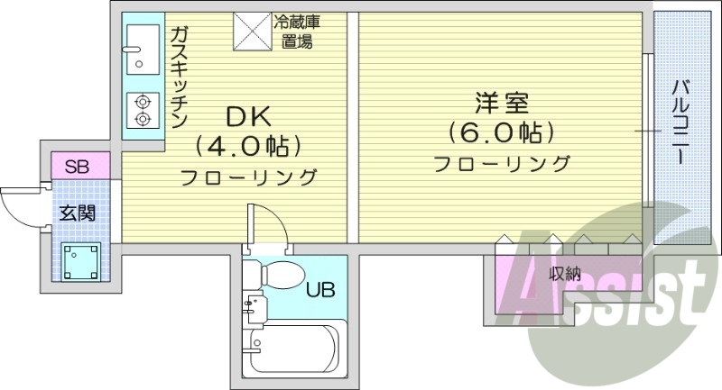 1DK  洗濯機置場、バルコニー、収納、ガスキッチン