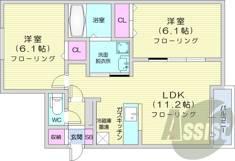 2LDK、灯油暖房、ネット無料、オートロック
