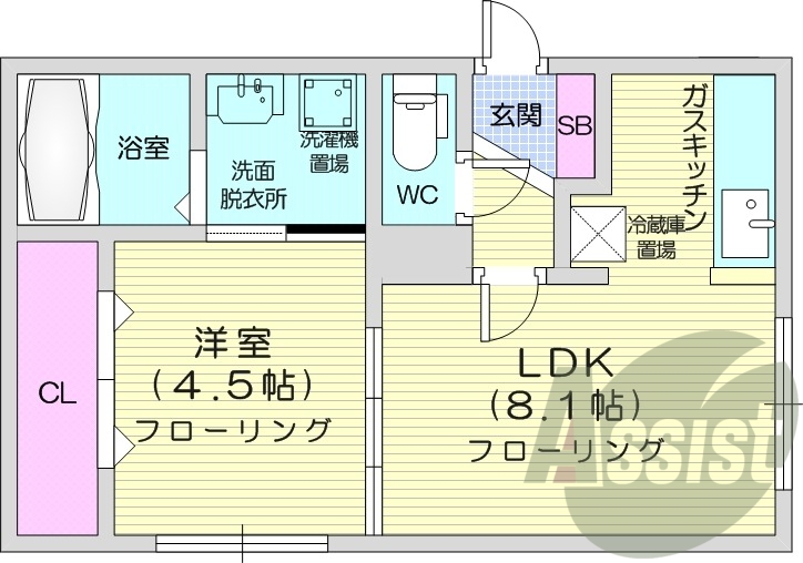 1LDK、エアコン、都市ガス、ネット無料