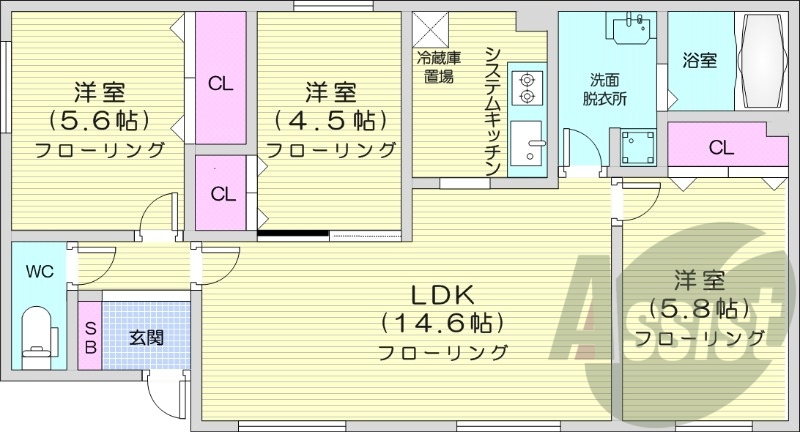 3LDK、システムキッチン、エアコン、食器洗浄乾燥機