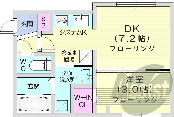 1DK、エアコン、ネット無料、システムキッチン