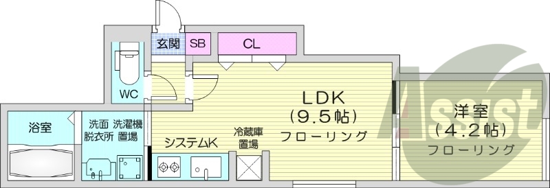 1LDK、都市ガス、エアコン、システムキッチン