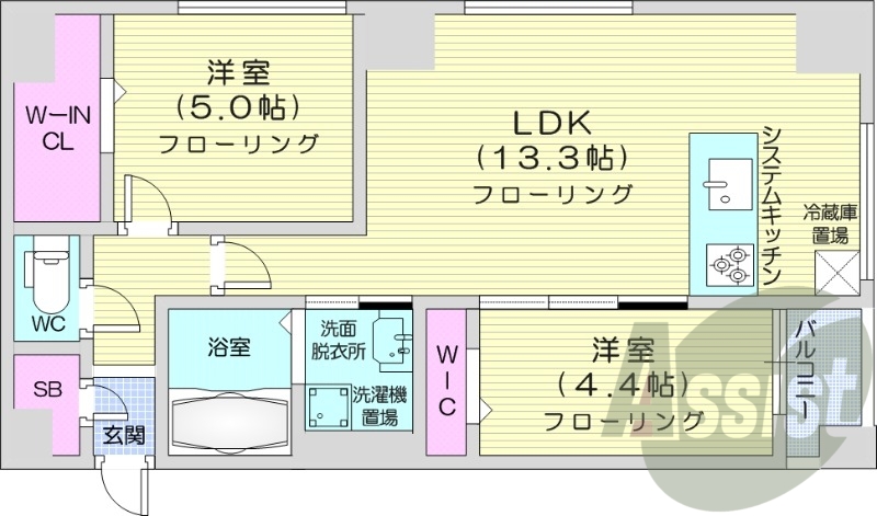 2LDK、都市ガス、エアコン、システムキッチン、追い焚き