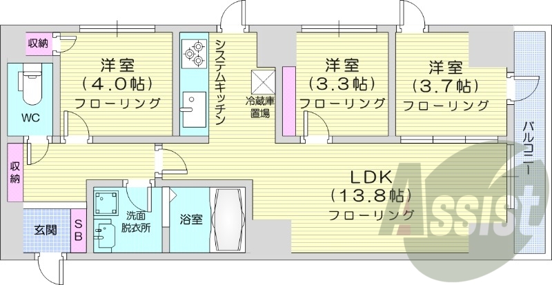 3LDK、ペット可、都市ガス、エアコン、エレベーター