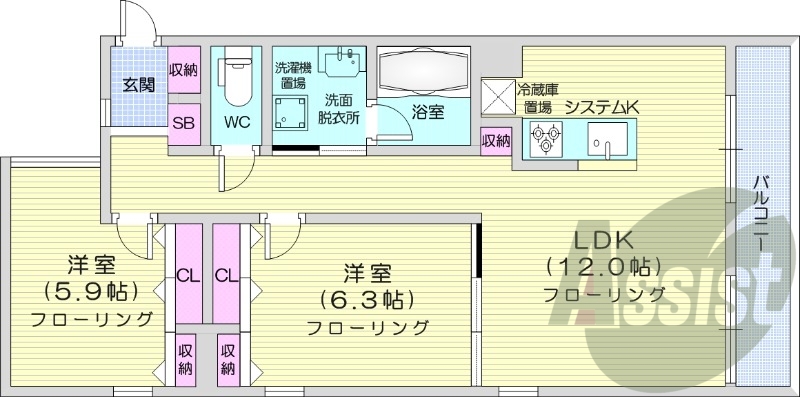 2LDK、都市ガス、エアコン、システムキッチン