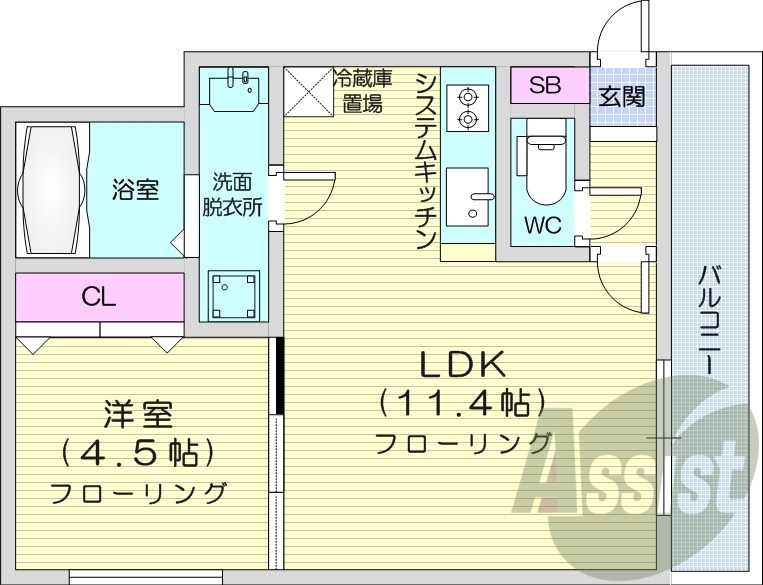 1LDK、都市ガス、エアコン、システムキッチン、