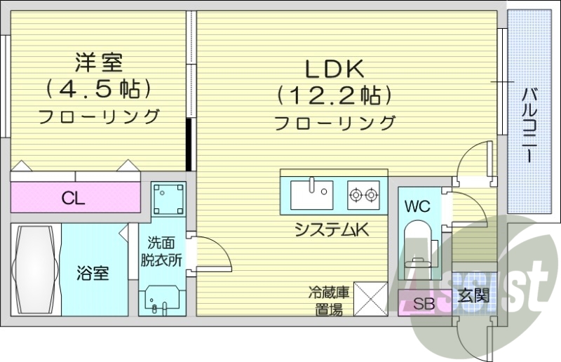 1LDK、都市ガス、エアコン、システムキッチン、