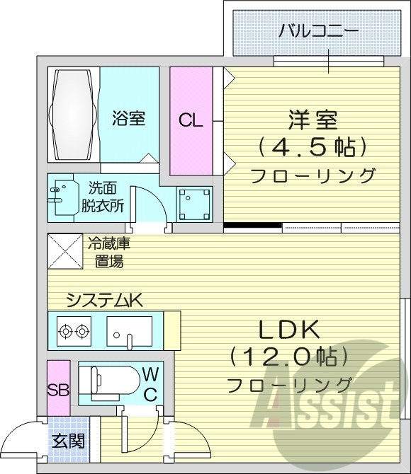 1LDK、都市ガス、エアコン、システムキッチン、