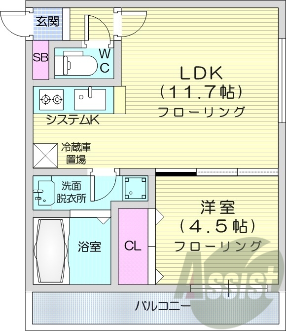 1LDK、都市ガス、エアコン、システムキッチン、