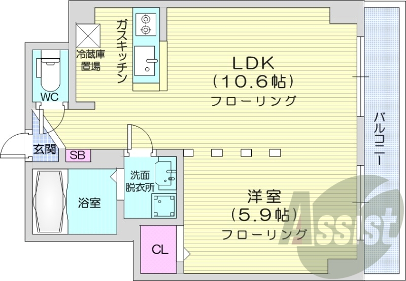 1LDK、クローゼット、対面キッチン、洗面脱衣所