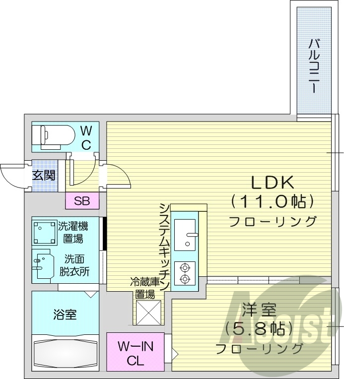 1LDK、都市ガス、シャワートイレ、システムキッチン