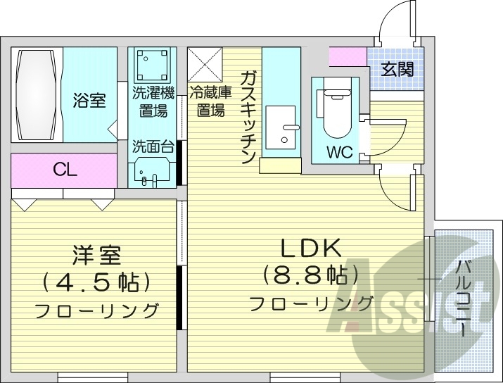 1LDK、バルコニー、灯油暖房、シューズボックス