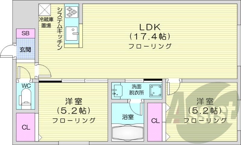 2LDK、ガスリミット、エアコン、システムキッチン