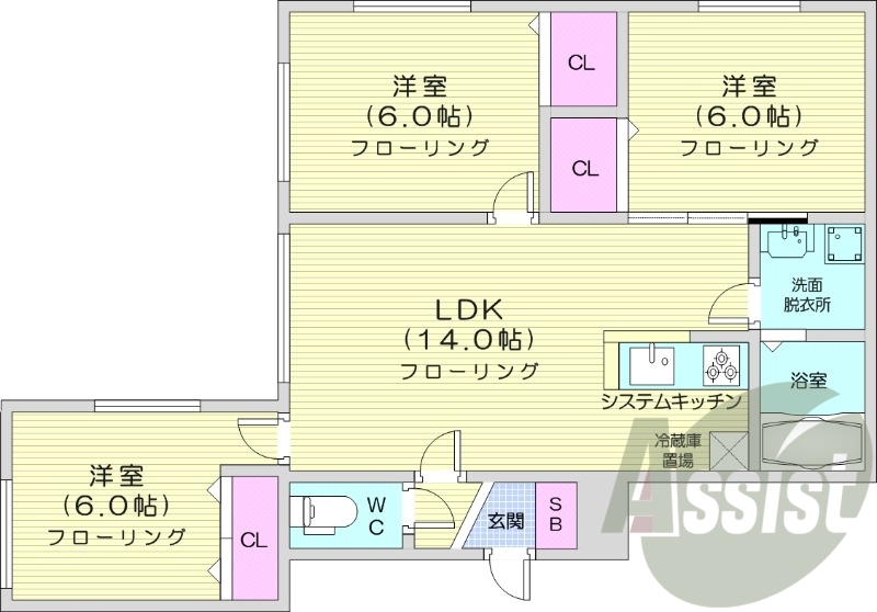 3LDK、システムキッチン、追い焚き、エアコン、ネット無料