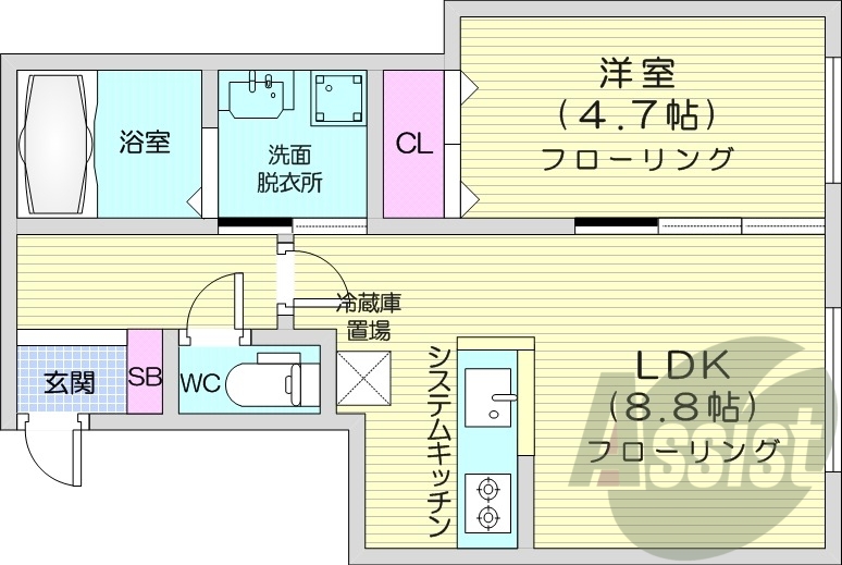 1LDK、エアコン、浴室乾燥機、ネット無料