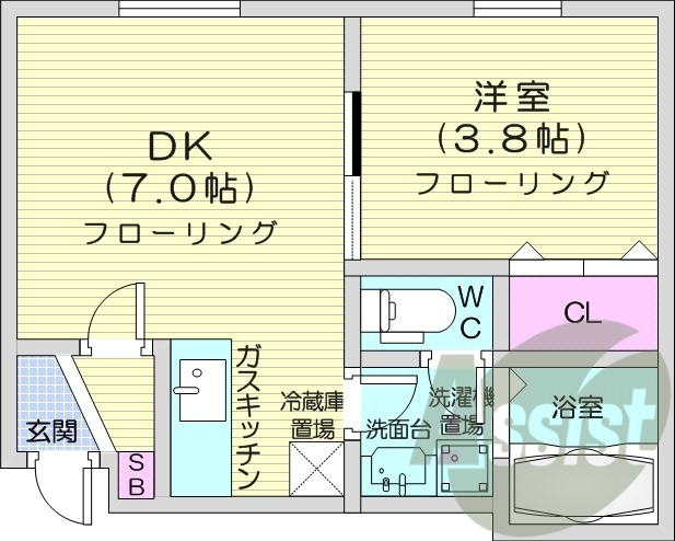 1DK、バストイレ別、室内洗濯機置場、独立洗面台