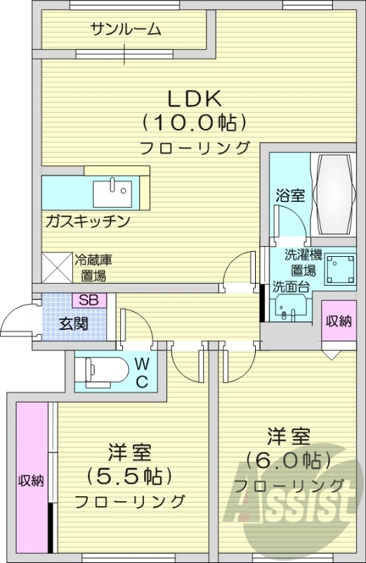 2LDK、カウンターキッチン、角部屋、灯油暖房
