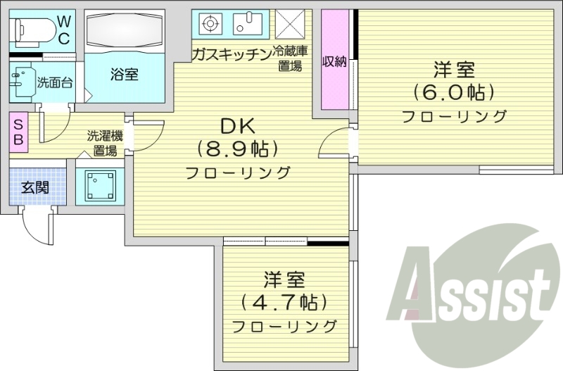 2LDK、シャワートイレ、モニタ付インターホン、灯油暖房