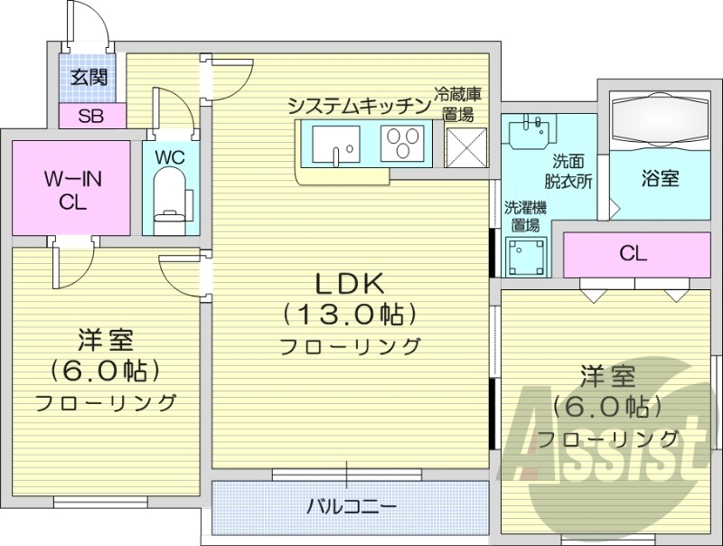 2LDK、エアコン、オートロック、宅配ボックス