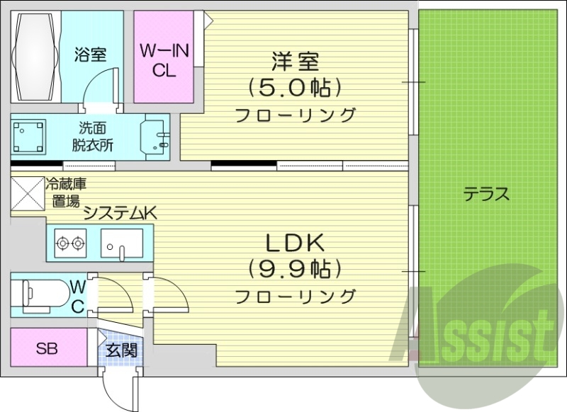 1LDK、システムキッチン、都市ガス、エアコン