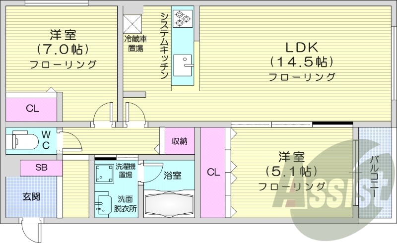 2LDK、都市ガス、エアコン、浴室乾燥機、システムキッチン