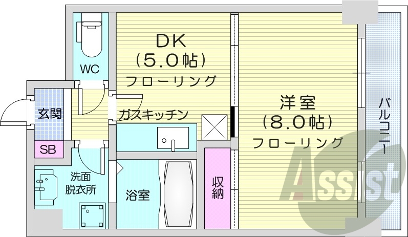 1DK、都市ガス、灯油暖房、洗髪洗面化粧台、シャワートイレ