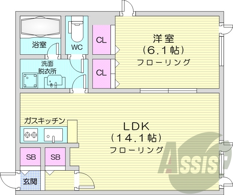 1LDK、角部屋、オートロック、灯油暖房