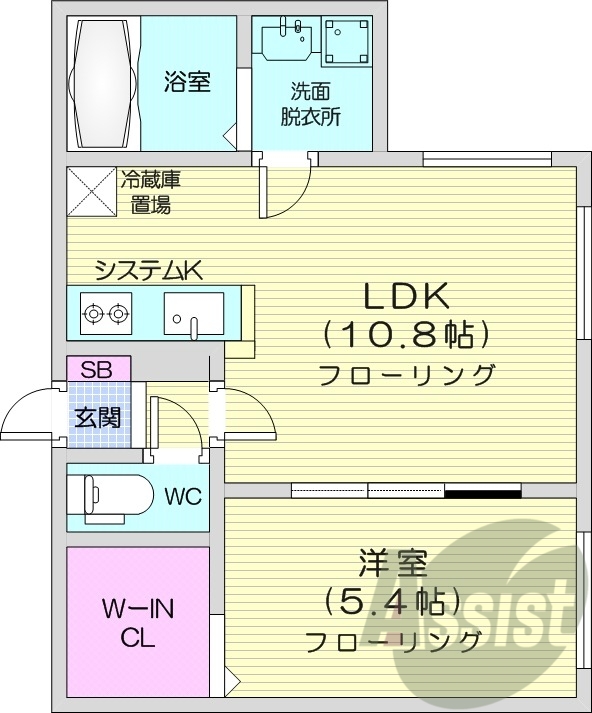 1LDK、都市ガス、エアコン、システムキッチン、独立洗面台