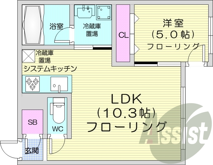 1LDK、システムキッチン、エアコン、灯油暖房、オートロック