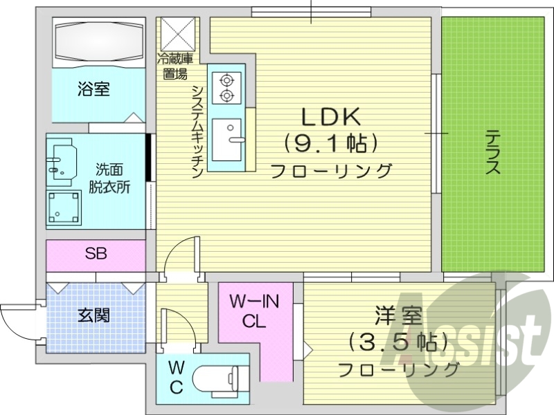 1LDK、エアコン、システムキッチン、ネット無料