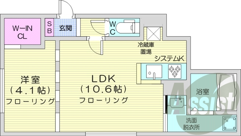 1LDK、エアコン、浴室乾燥機、システムキッチン