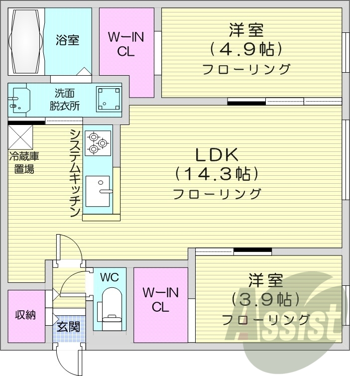 2LDK、エアコン、浴室乾燥機、システムキッチン