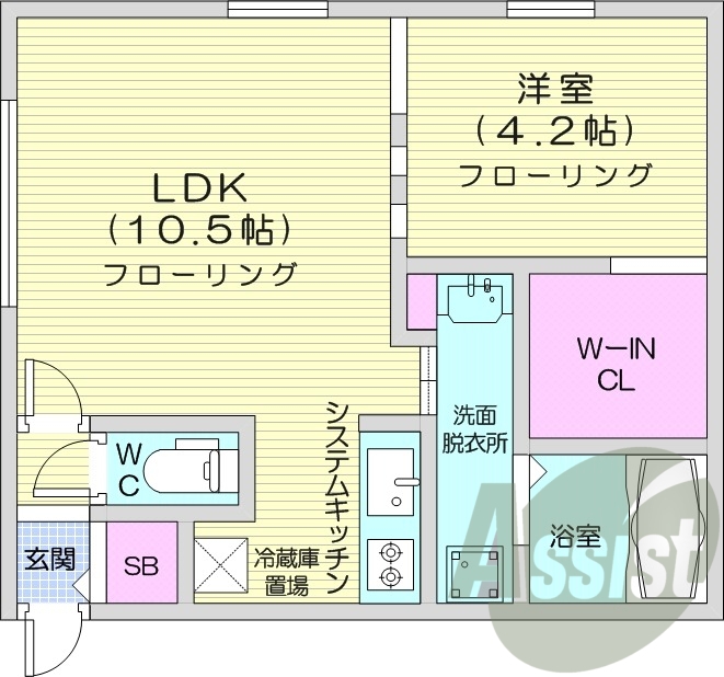 1LDK、エアコン、浴室乾燥機、システムキッチン