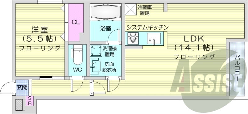 1LDK、都市ガス、エアコン、追い焚き、システムキッチン