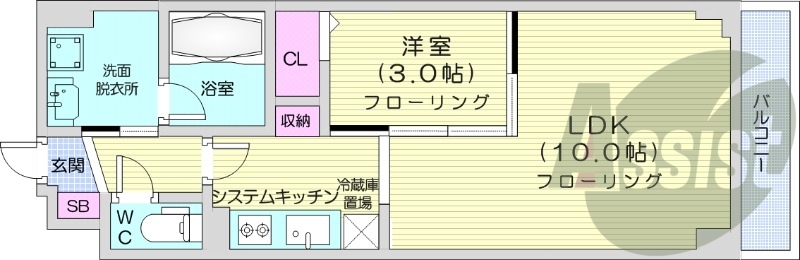 1LDK、オートロック、都市ガス、システムキッチン