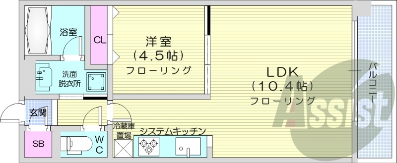 1LDK、都市ガス、システムキッチン、ガスFF暖房