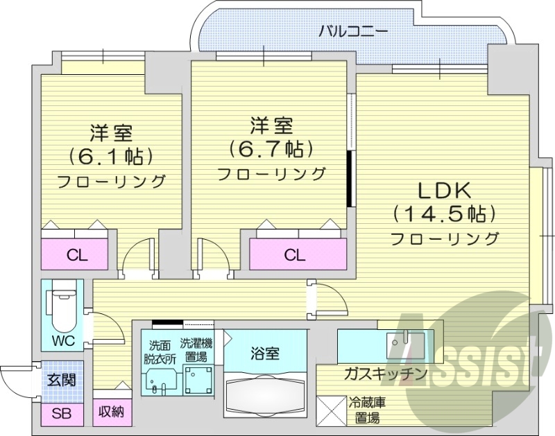 2LDK、オートロック、灯油暖房、エレベーター、バルコニー
