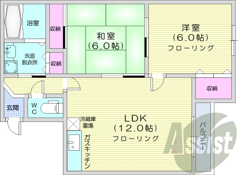 2LDK、モニタ付インターホン、独立洗面台、灯油暖房