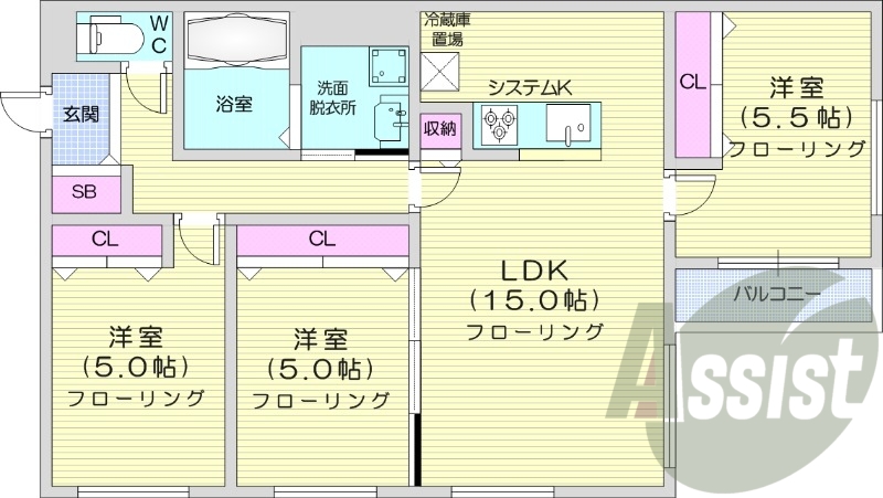 3LDK、都市ガス、エアコン、システムキッチン、追い焚き