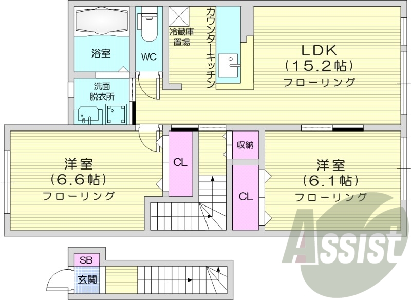 2LDK、追い焚き、カウンターキッチン、シャワートイレ
