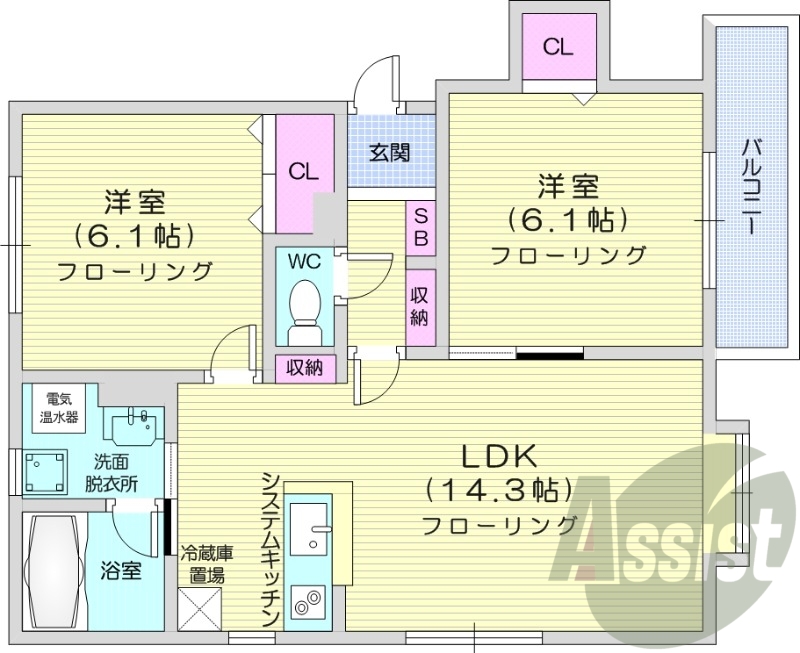 2LDK、オール電化、バルコニー、トランクルーム