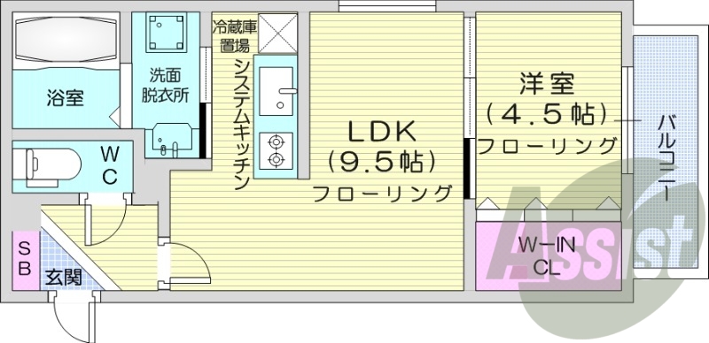 1LDK、エアコン、独立洗面台、システムキッチン、バルコニー